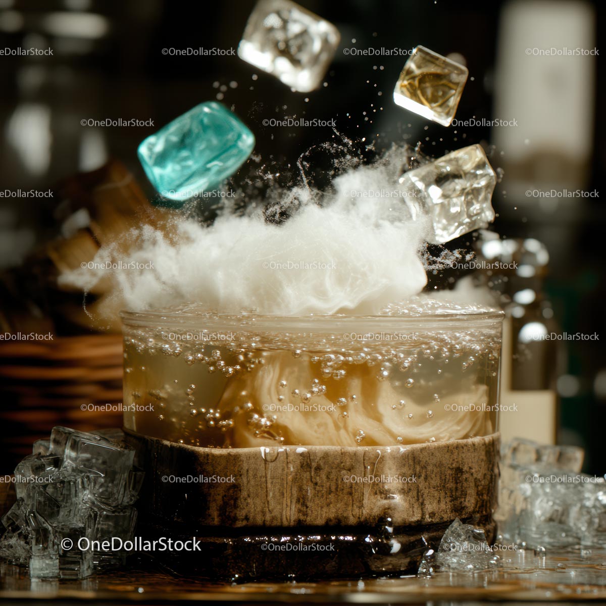 Dynamic Ice Splash in Refreshing Fizzy Drink