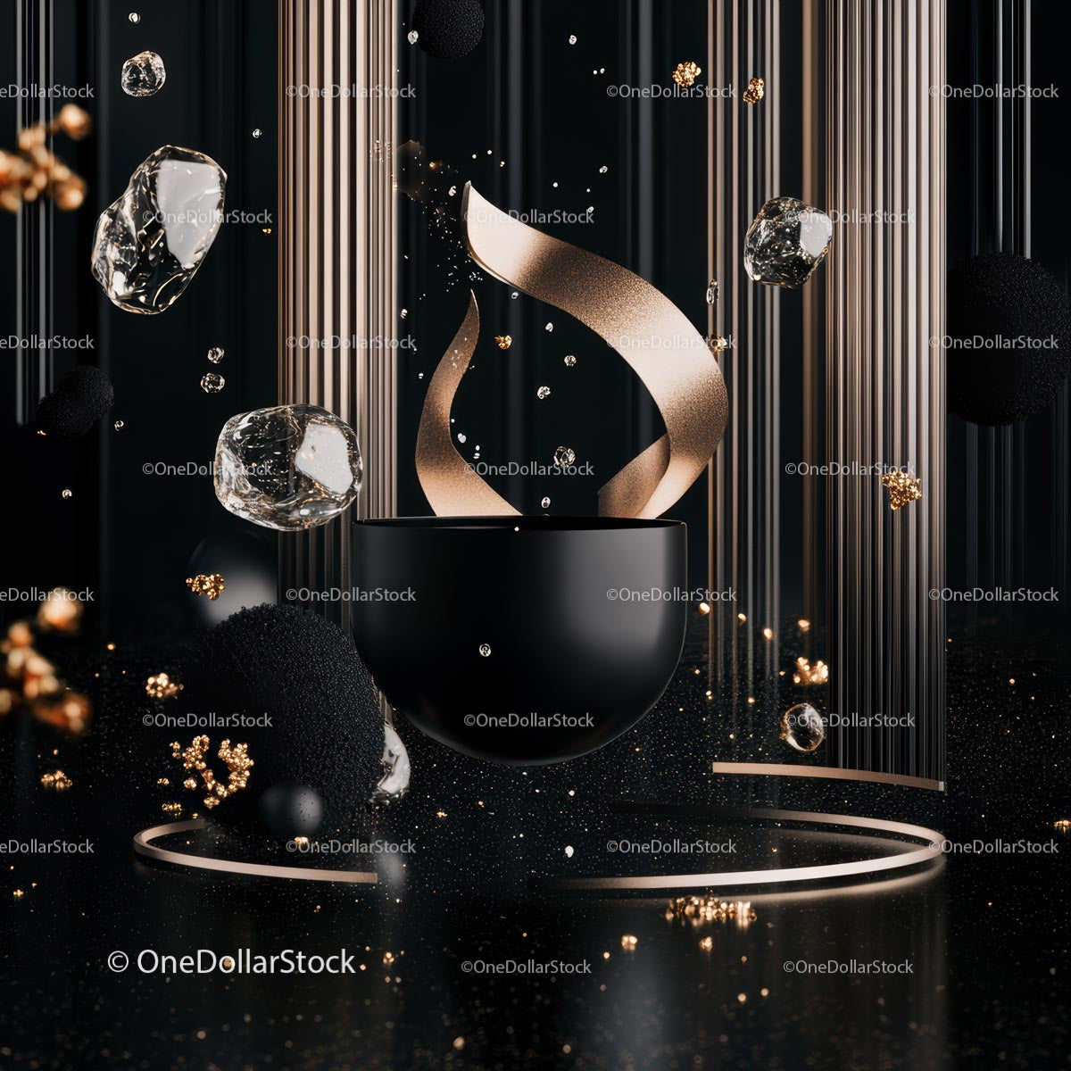 Abstract 3D Design with Floating Golden and Black Elements