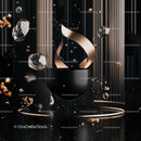Abstract 3D Design with Floating Golden and Black Elements
