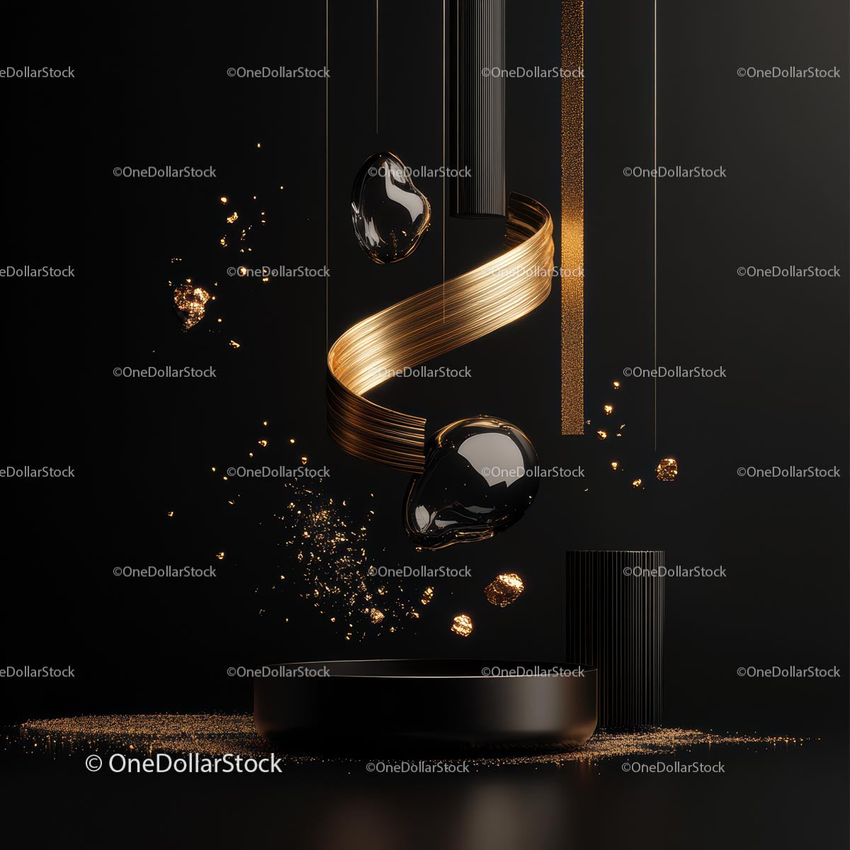 Abstract Gold Ribbon with Metallic Elements on Black