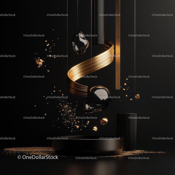 Abstract Gold Ribbon with Metallic Elements on Black