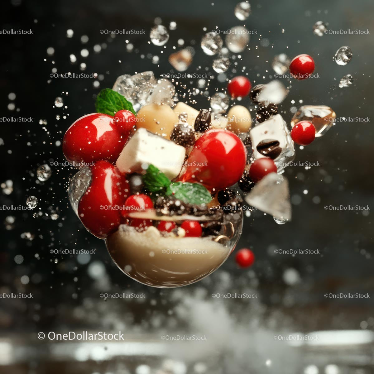 Dynamic Explosion of Fresh Ingredients with Splashing Liquid