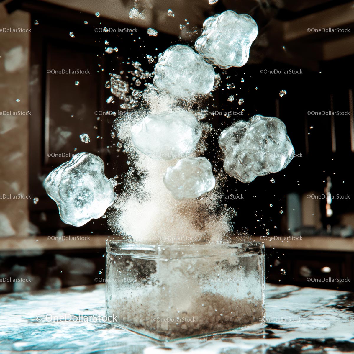 Dynamic Ice Cube Explosion in a Kitchen Experiment