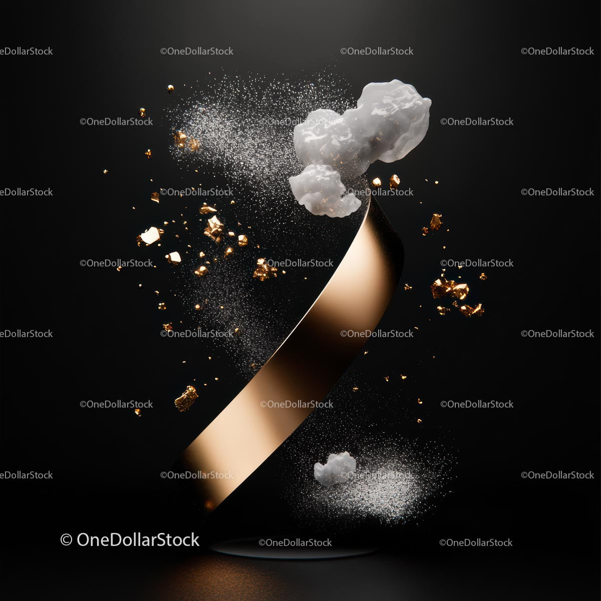 Elegant Golden Ribbon with Clouds and Particles on Black