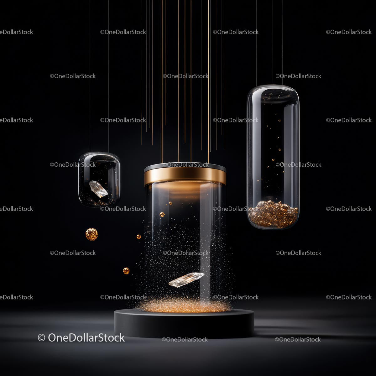Futuristic Luxury Floating Objects on Black Background
