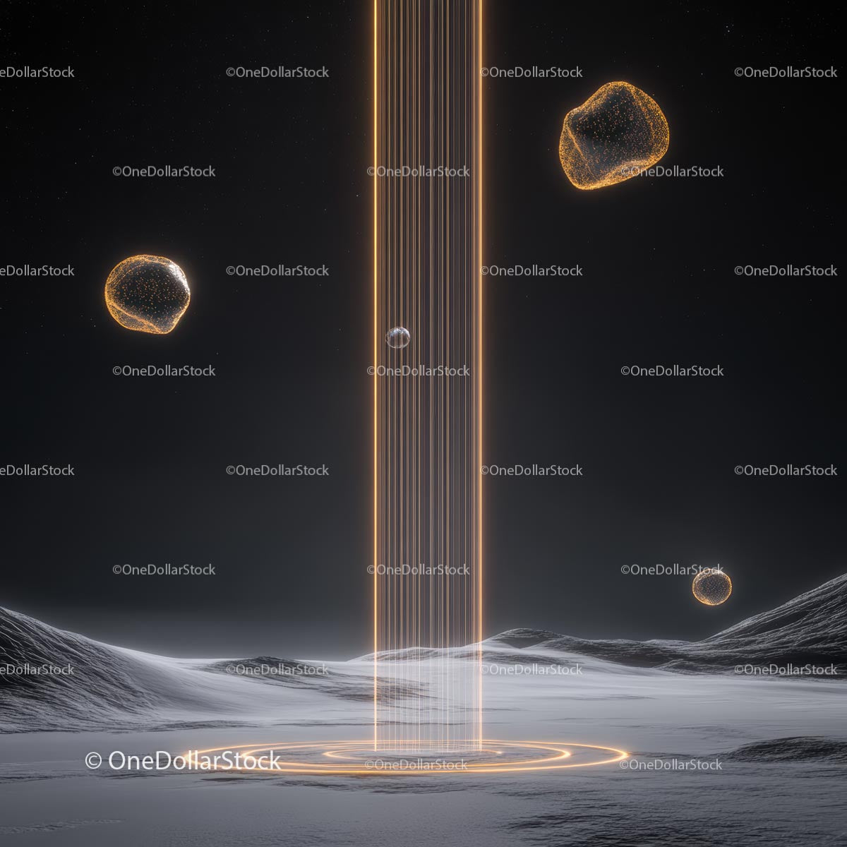 Futuristic Alien Landscape with Glowing Cosmic Objects