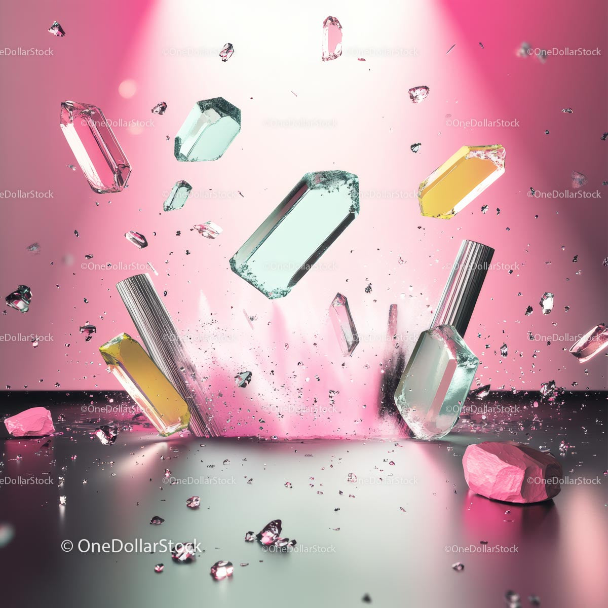 Floating Crystal Shards on a Vibrant Pink Background