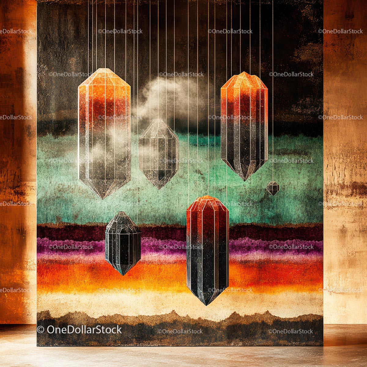 Vibrant Abstract Art with Geometric Hanging Crystals