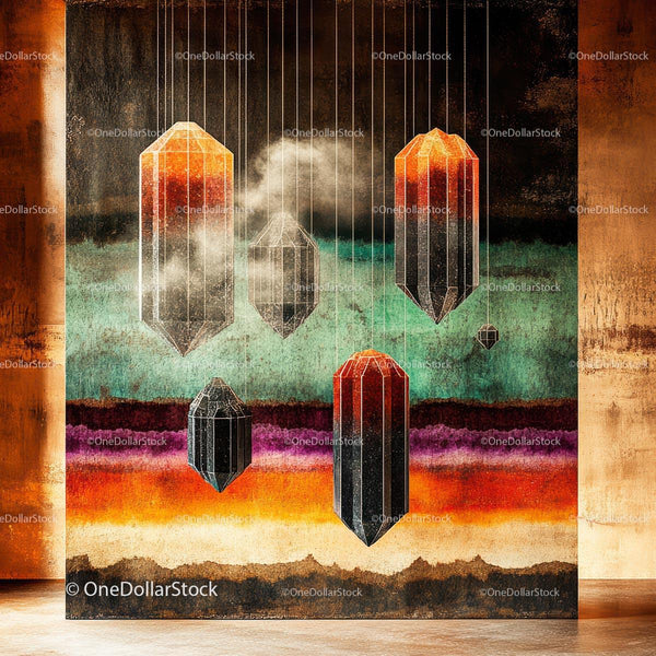 Vibrant Abstract Art with Geometric Hanging Crystals