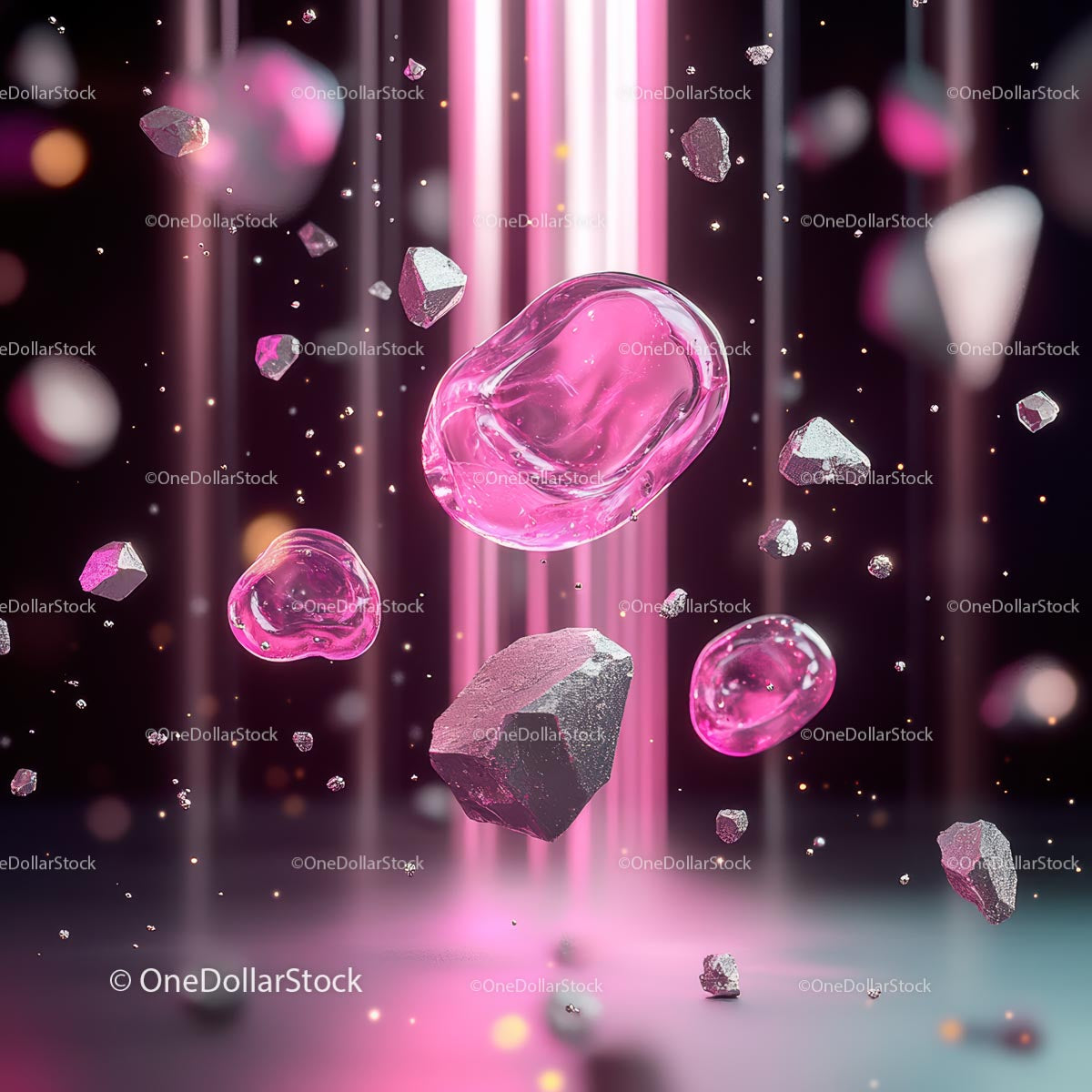 Futuristic Pink Crystals and Metallic Particles in Motion