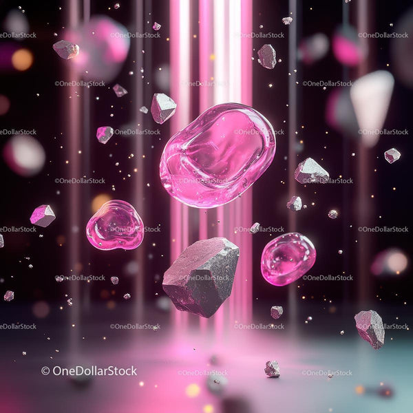 Futuristic Pink Crystals and Metallic Particles in Motion