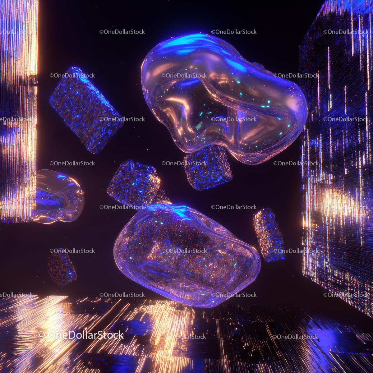 Futuristic Holographic Shapes in a Neon Digital Landscape