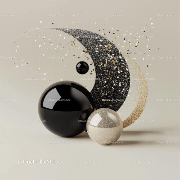 Abstract Black and Gold Spheres with Glitter Effect