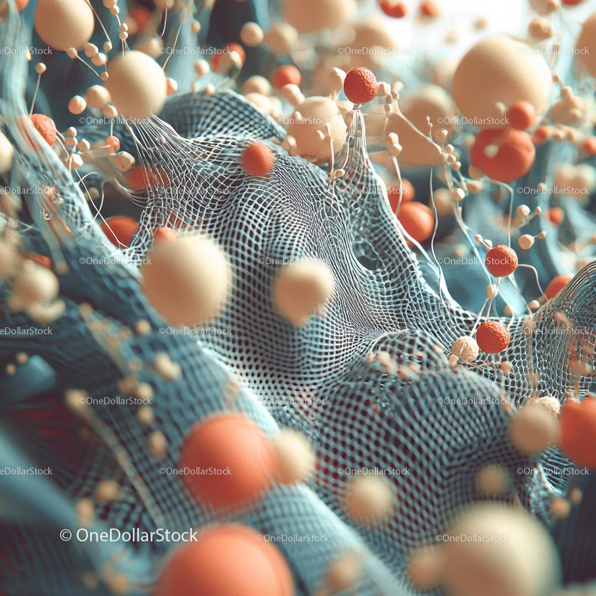 Abstract 3D Rendering with Orange Spheres and Mesh Texture