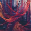 Abstract Art with Red Woven Threads and Blue Background