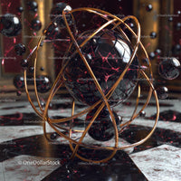 Futuristic Abstract Art with Golden Rings and Black Sphere