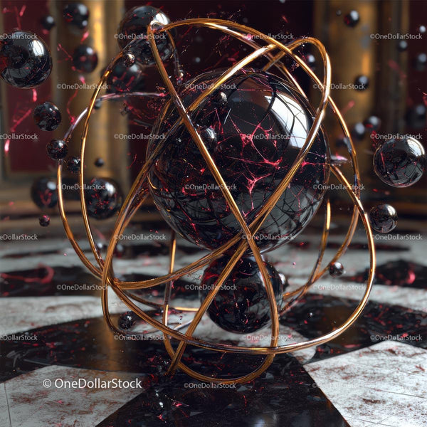 Futuristic Abstract Art with Golden Rings and Black Sphere
