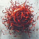 Dynamic Red Ribbon Sculpture on Textured Surface