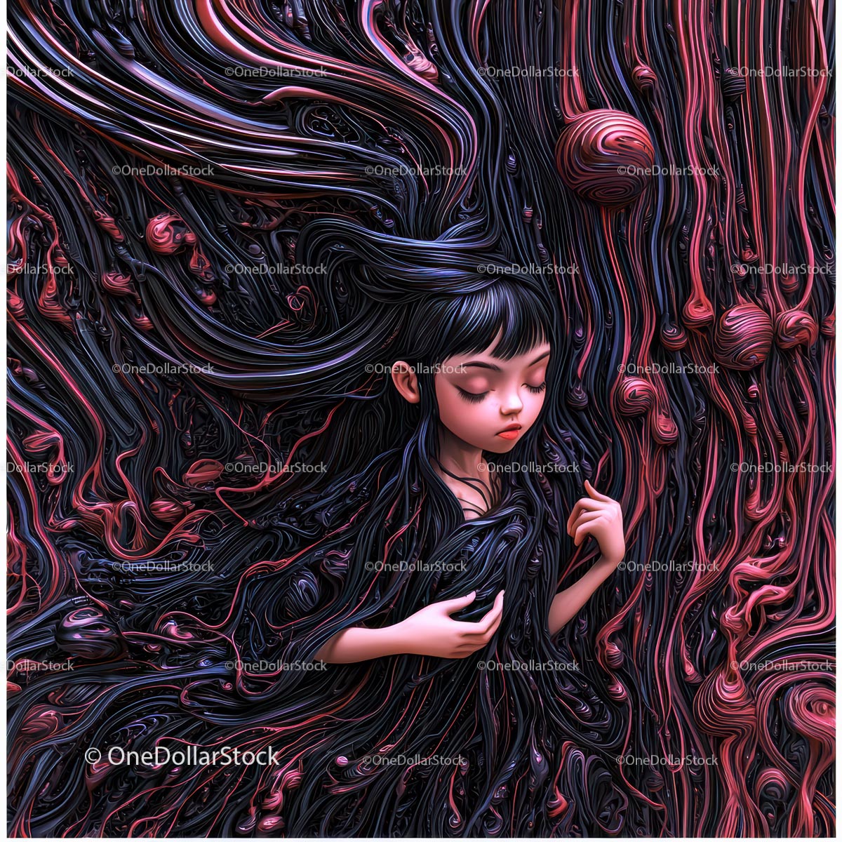 Surrealistyczny portret marzycielki w żywych wirach