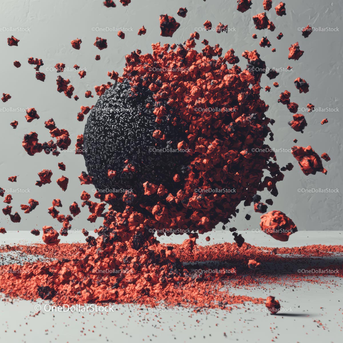 Dynamiczna eksplozja czerwonych fragmentów wokół czarnej kuli