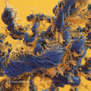 Dynamic Blue Threads on Vibrant Yellow Background