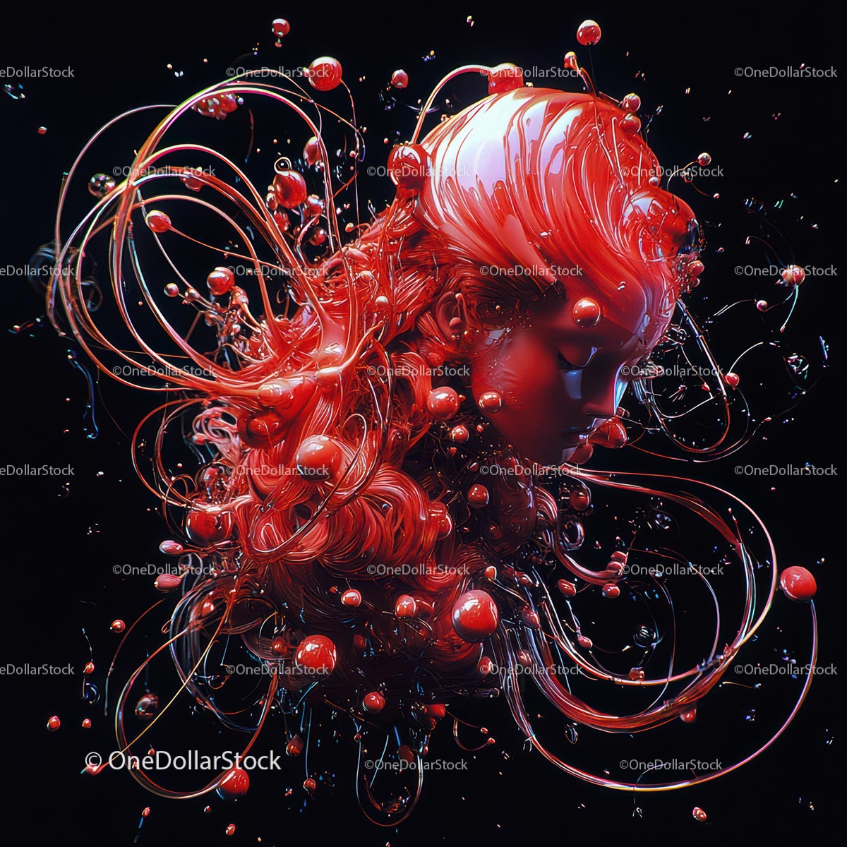 Surreal Red Abstract Digital Portrait with Fluid Dynamics