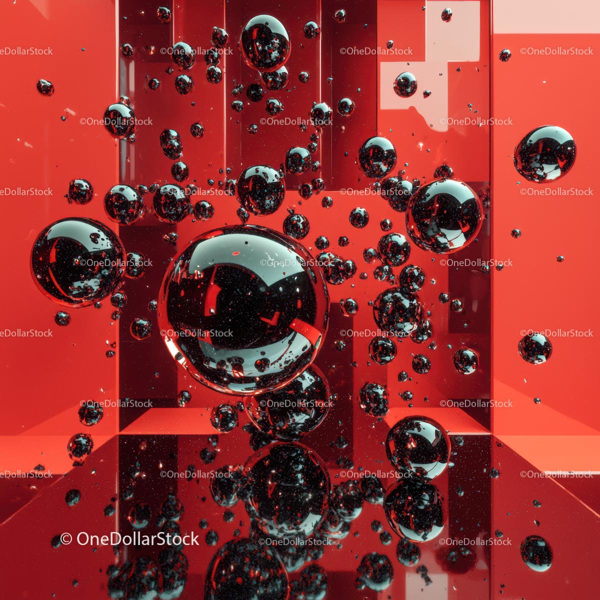 Dynamic Black Spheres on Vibrant Red Background