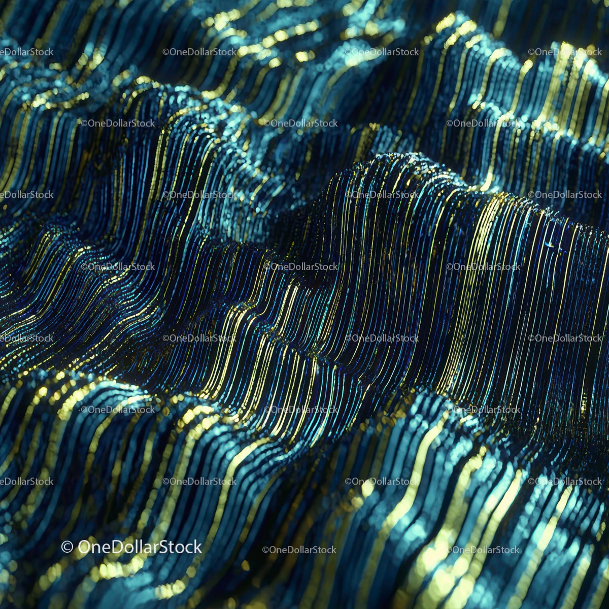Shimmering Blue and Gold Textile with Wavy Pattern