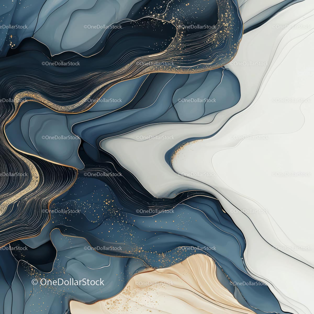 Abstract Fluid Art with Blue and Gold Accents