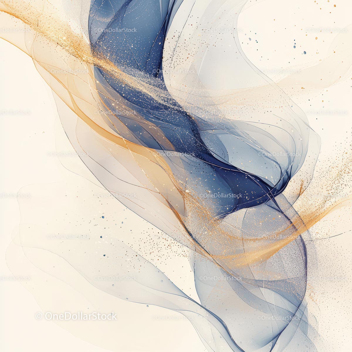 Abstract Fluid Art with Flowing Blue and Gold Lines