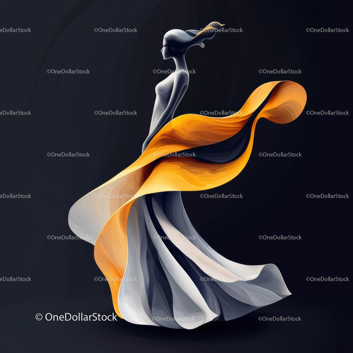 Elegant Silhouette with Flowing Dress in Abstract Art