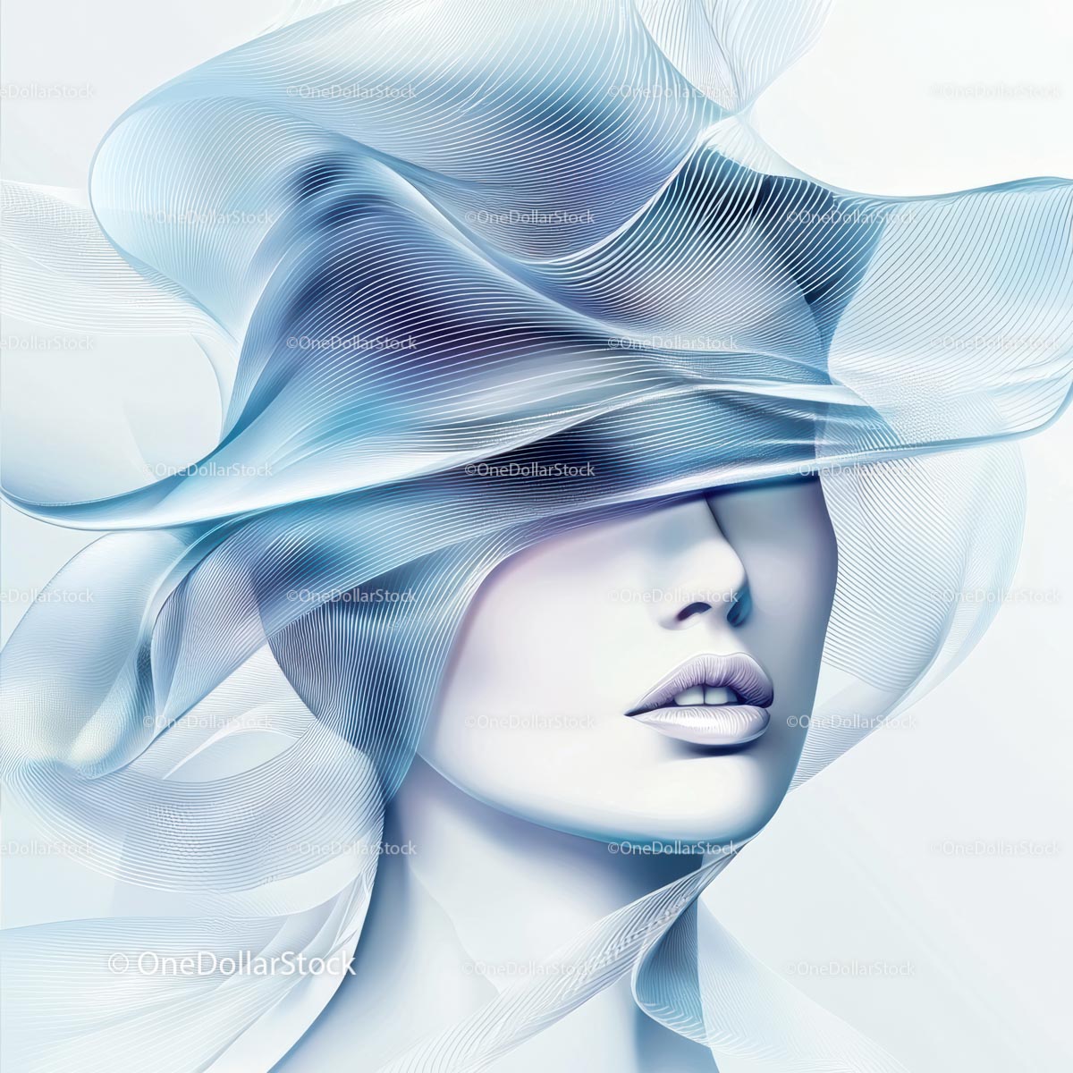 Ethereal Portrait with Flowing Blue Fabric