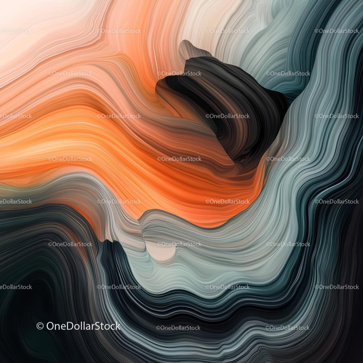 Dynamic Abstract Fluid Swirls in Orange and Black