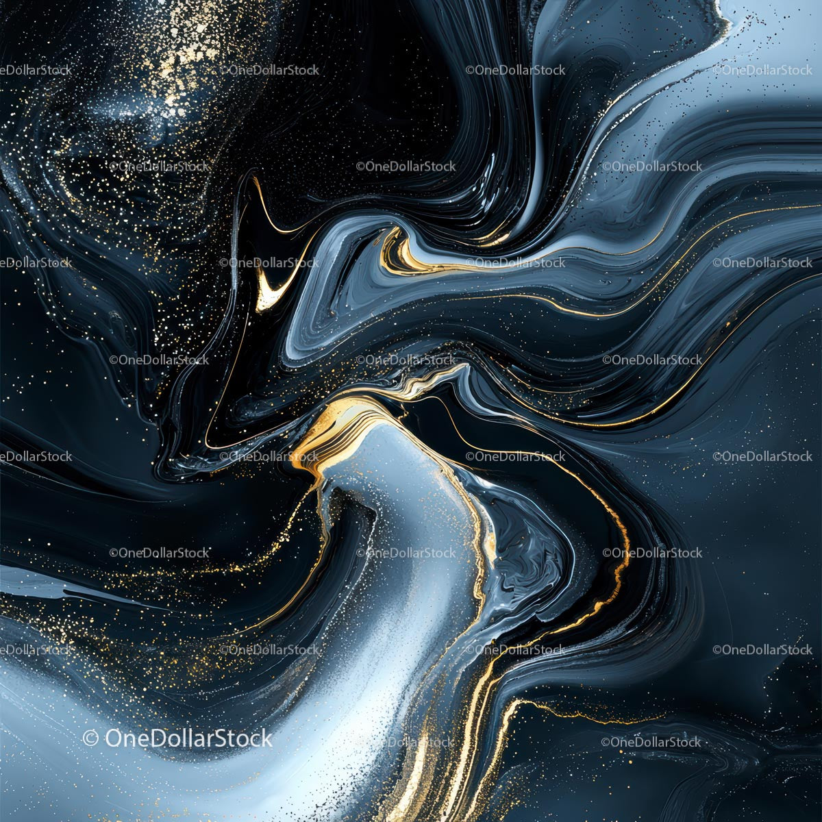 Abstract Fluid Art with Gold and Blue Swirls