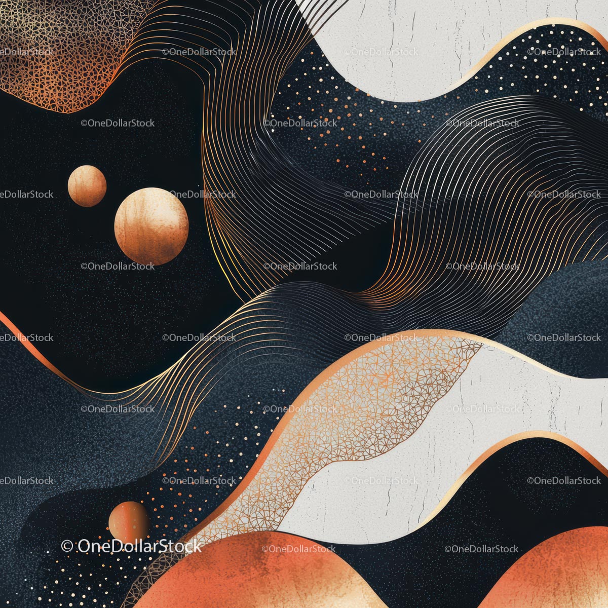 Abstract Black and Gold Art with Elegant Waves and Spheres