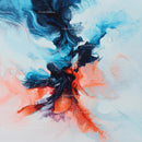 Vibrant Abstract Painting with Fluid Blue and Red Swirls