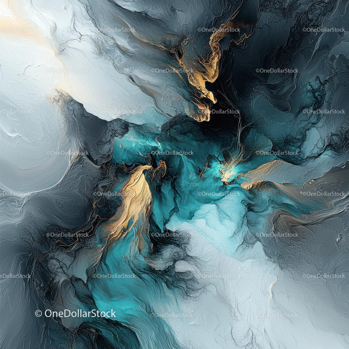 Blue and Gold Abstract Fluid Art with Dynamic Swirls