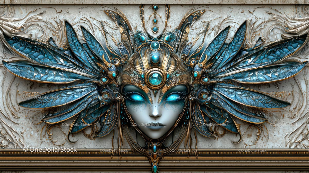 Intrygująca maska ​​fantasy z niebieskimi piórami i złotymi detalami