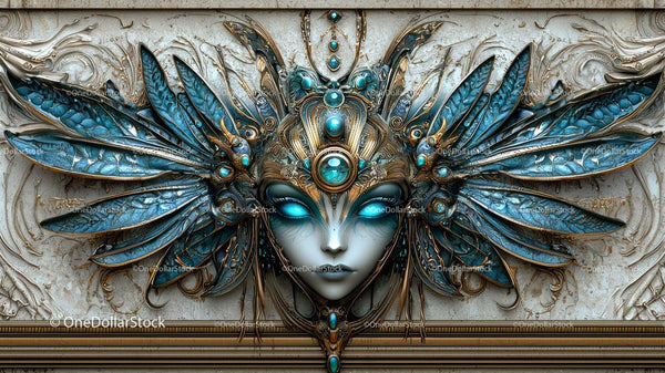 Intricate Fantasy Mask with Blue Feathers and Gold Details