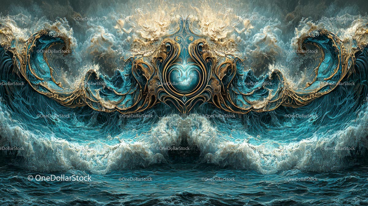 Surrealistyczne fale oceanu ze skomplikowanymi złotymi wzorami