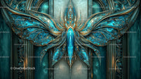 Intricate Blue and Gold Ornamental Butterfly Design