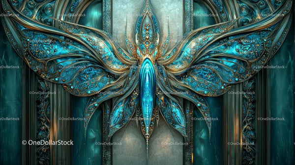 Intricate Blue and Gold Ornamental Butterfly Design