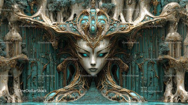Enchanted Turquoise Sculpture in Mystical Landscape