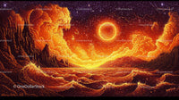 Surreal Sunset Over Fiery Ocean and Mystical Hills