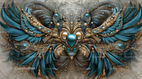Intricate Ornamental Design with Blue Feathers and Gilded Accents
