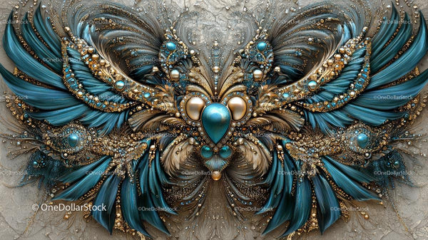 Intricate Ornamental Design with Blue Feathers and Gilded Accents