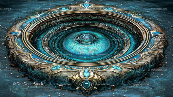 Intricate Turquoise and Gold Fantasy Circular Design