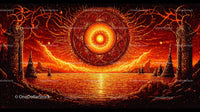 Surreal Fiery Sunset with Glowing Orb and Mystical Landscape