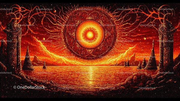 Surreal Fiery Sunset with Glowing Orb and Mystical Landscape