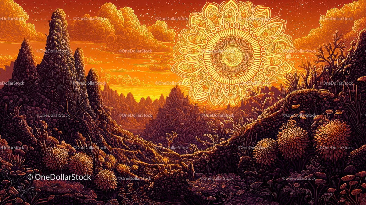 Surrealistyczna mandala Słońce nad fantastycznym krajobrazem o zachodzie słońca